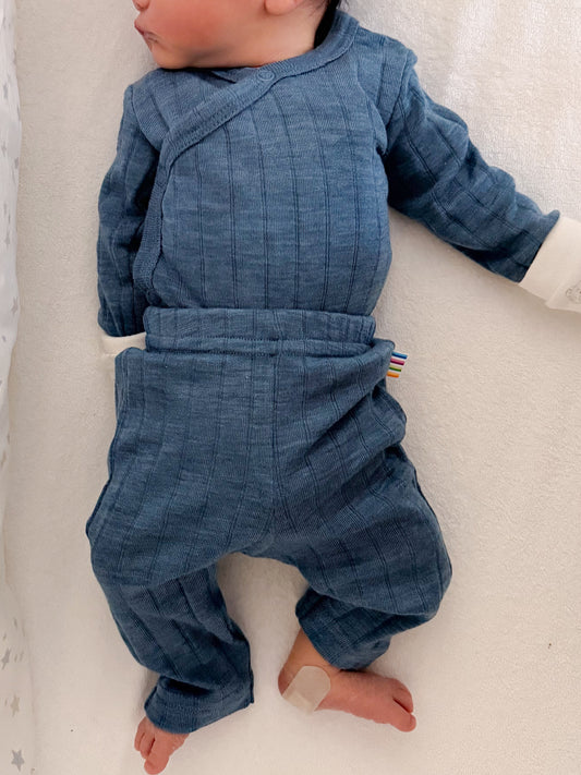 Merinowolle Seide Wickel-Bodysuit | Blau Meliert