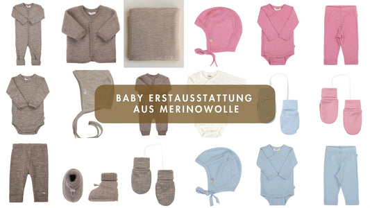 Baby-Erstausstattung aus Merinowolle: Wickel-Bodys, Leggings, Strampler, Erstlingsmützchen, Fäustlinge, Booties, Cardigan und Decke in Beige-Melange, Rosa, Hellblau und Off-White