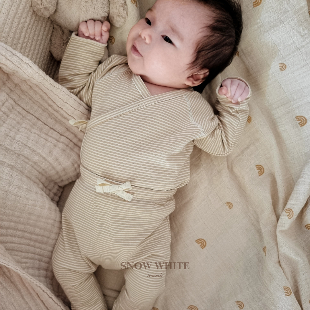 Organic Wrap Top + Pants Set | Latte Stripes