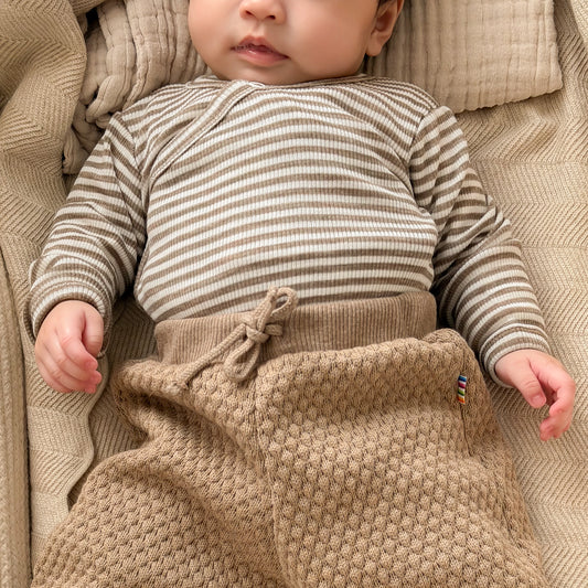 Merinowolle Seide Wickel-Bodysuit | Dunkelbeige gestreift