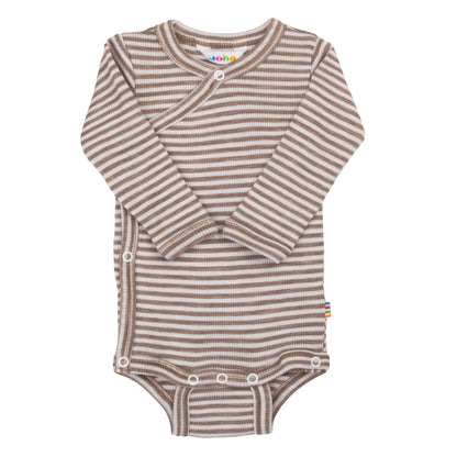 Merinowolle Seide Wickel-Bodysuit | Dunkelbeige gestreift