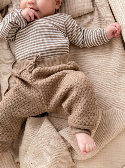 Merinowolle Seide Wickel-Bodysuit | Dunkelbeige gestreift