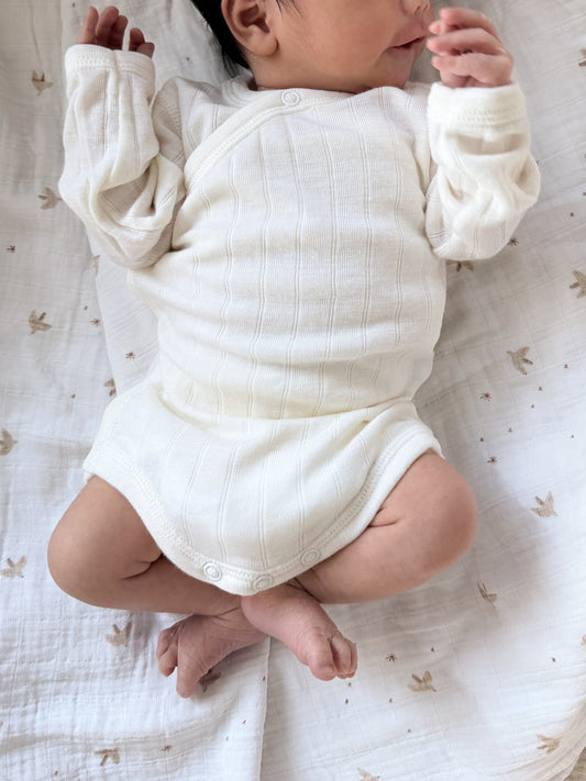 Merinowolle Seide Langarm Wickel-Bodysuit | Off-White
