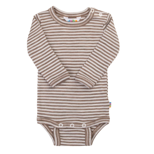 Merinowolle Seide Langarm Bodysuit | Dunkelbeige gestreift