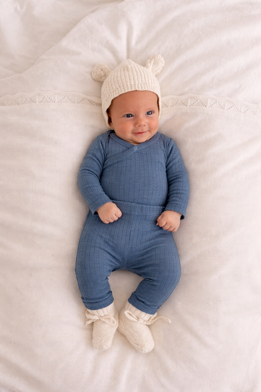 Merinowolle Seide Wickel-Bodysuit | Blau Meliert